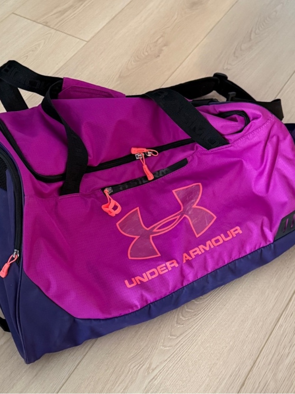 Under Armour Magenta, pink, neon orange, and Purple Sport Duffle gym bag mesh m
